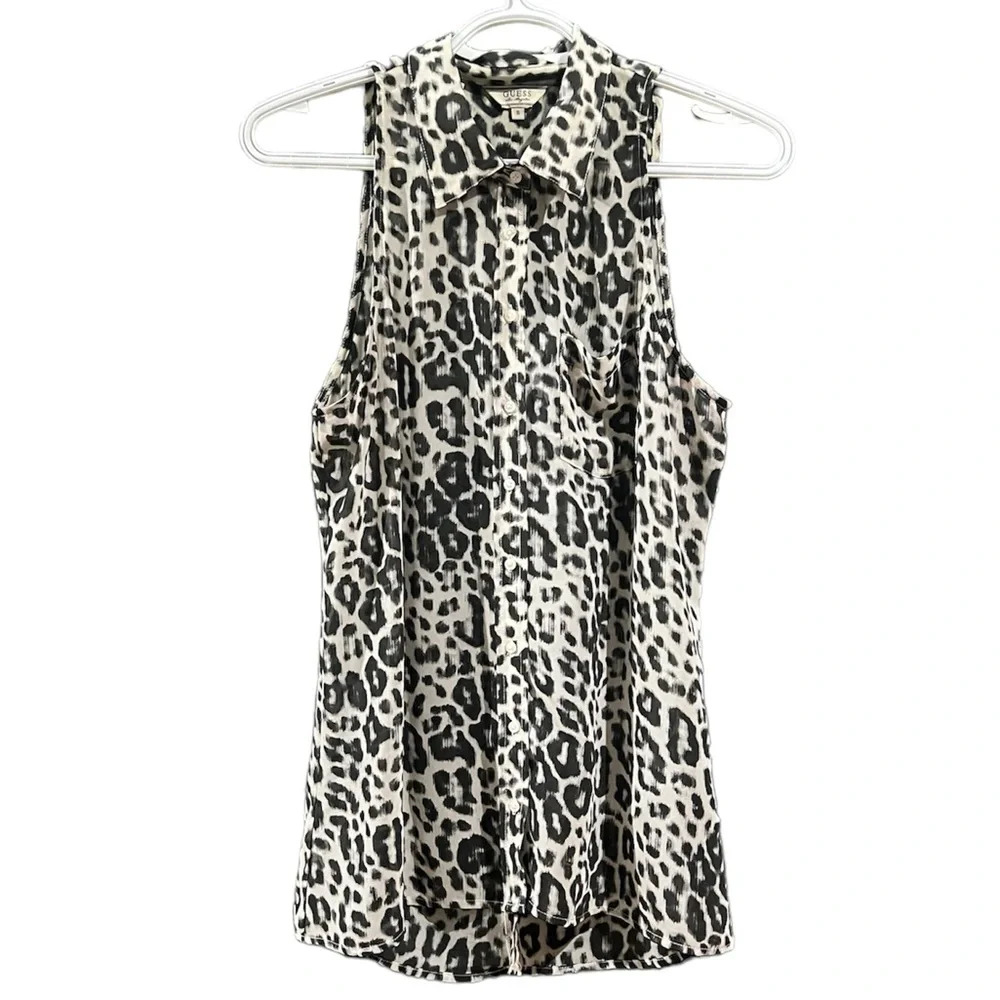 Guest Size S Leopard Print Sleeveless Sheer Button-Up with Open Cross-Back –NWOT